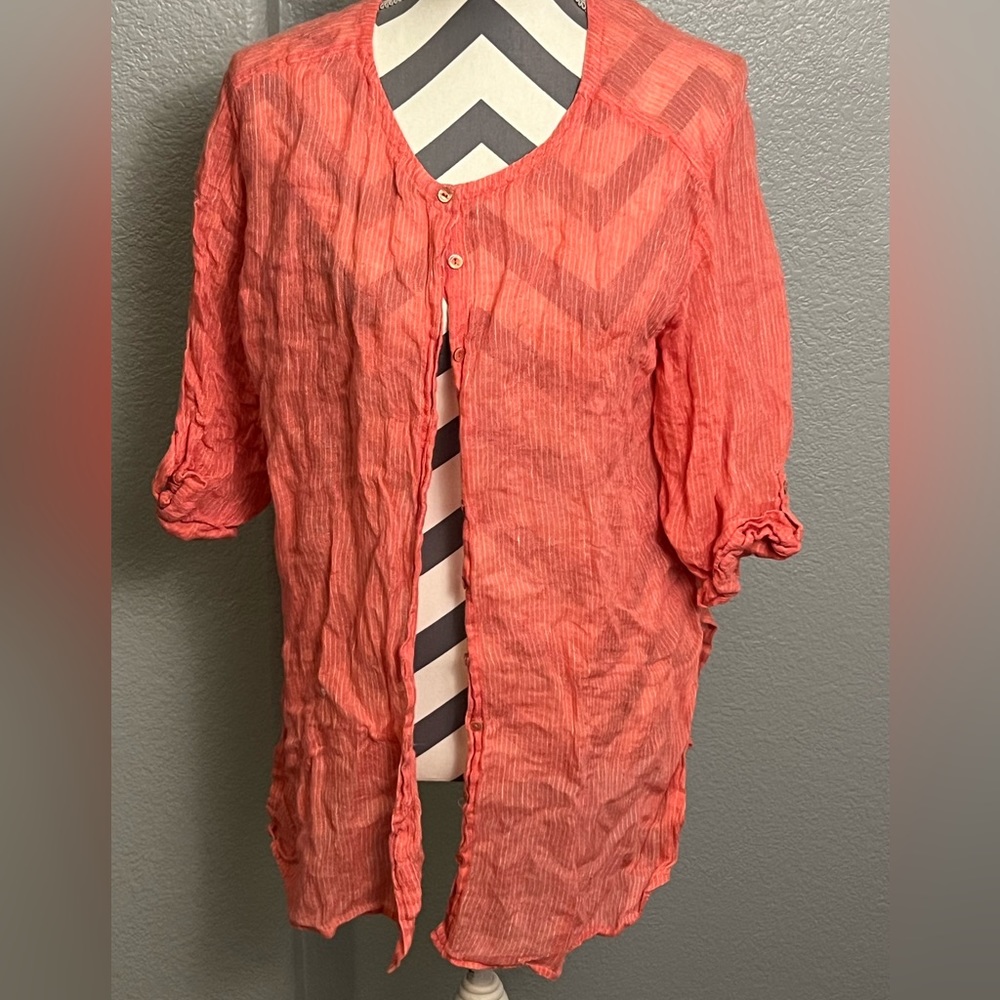Eileen Fisher Woman 1x Linen Striped Button Down Blouse